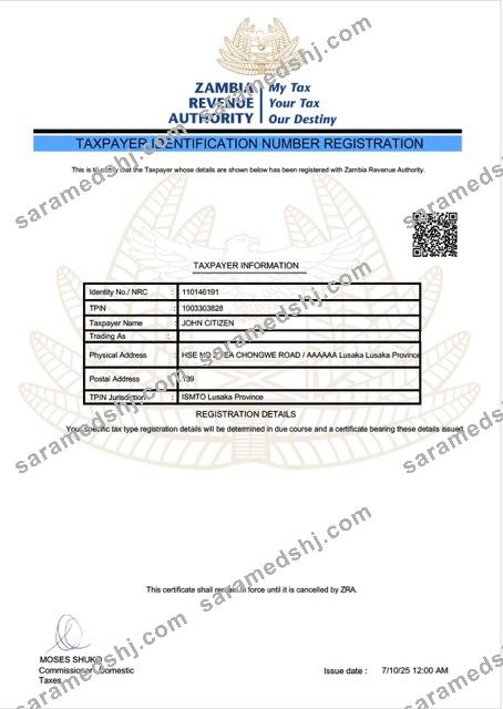 Zambia taxpayer identification number registration Word and PDF template